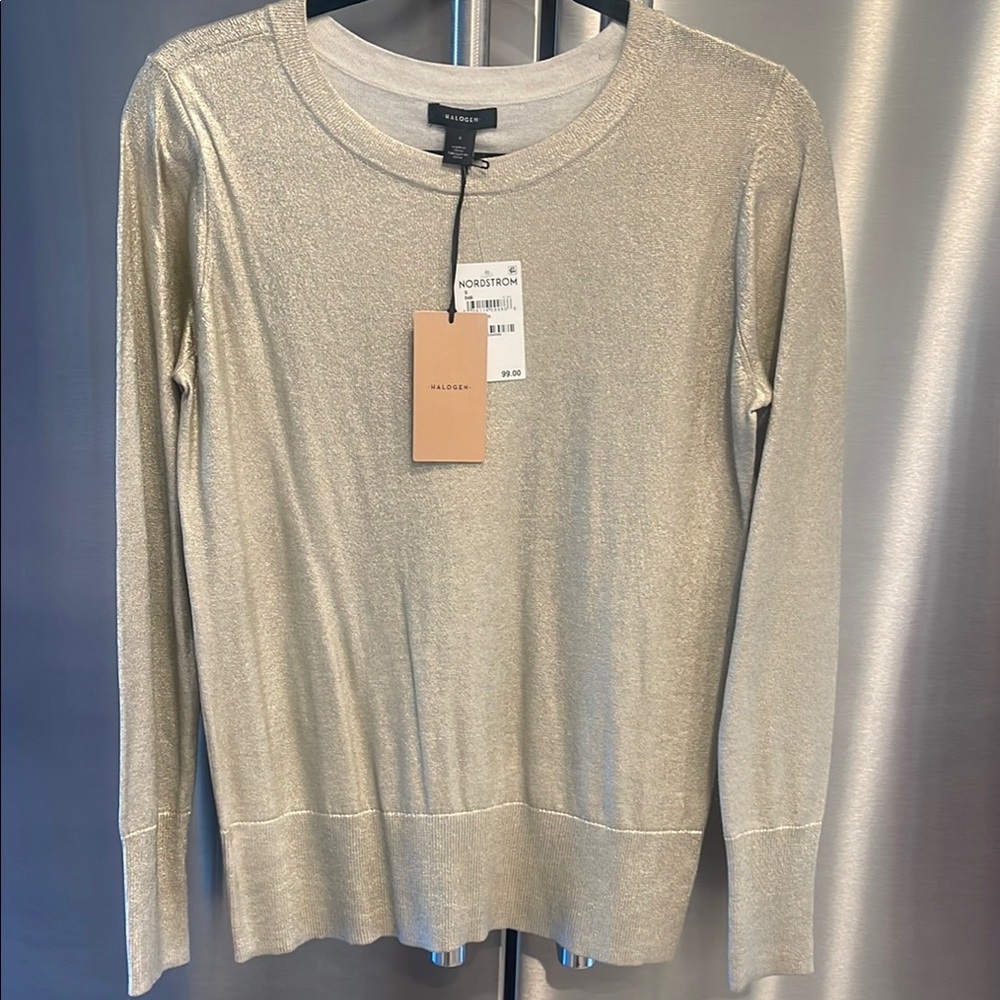 Halogen Metallic Gold Ribbed Fitted Long Sleeve Sweatshirt
